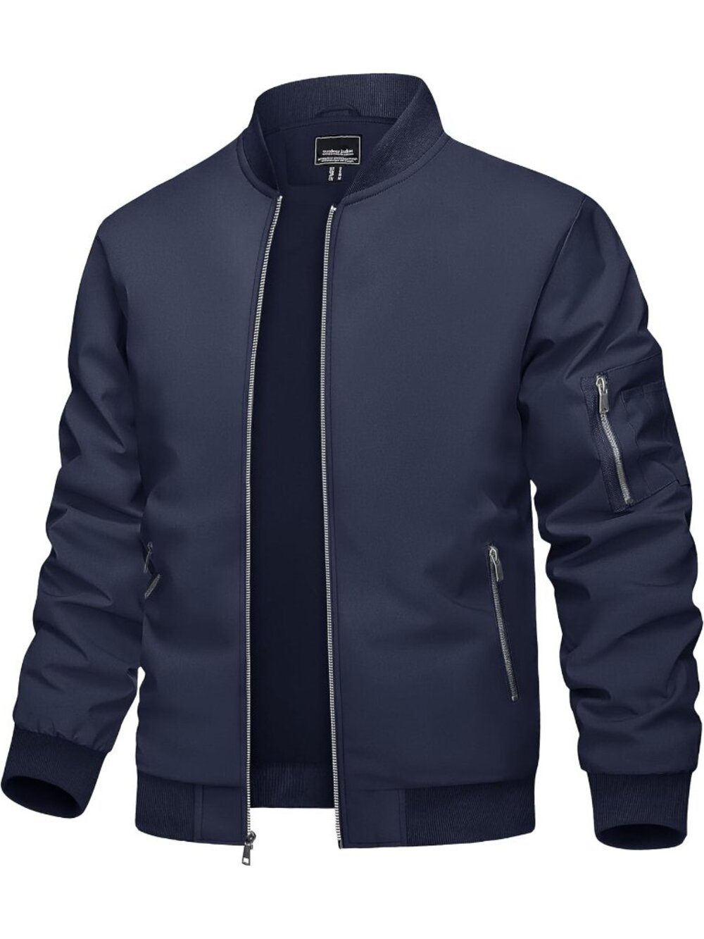 Men's Navy Polyester Full Zipper Stand Collar Pockets Windbreaker Bomber Jacket